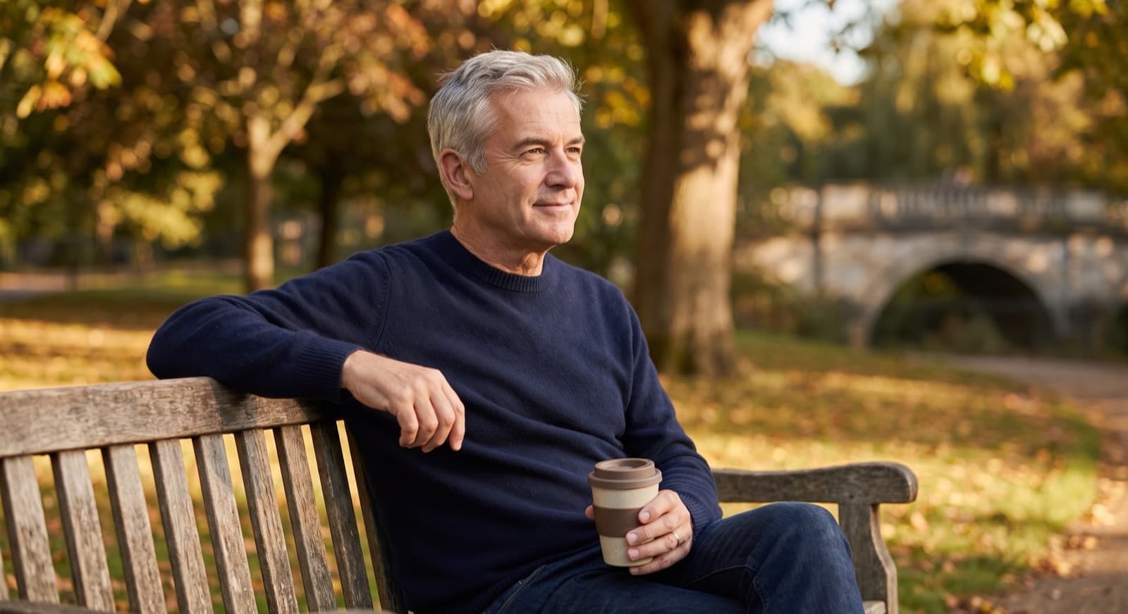 A man in his late fifties sitting on a park bench in autumn sunlight with a coffee