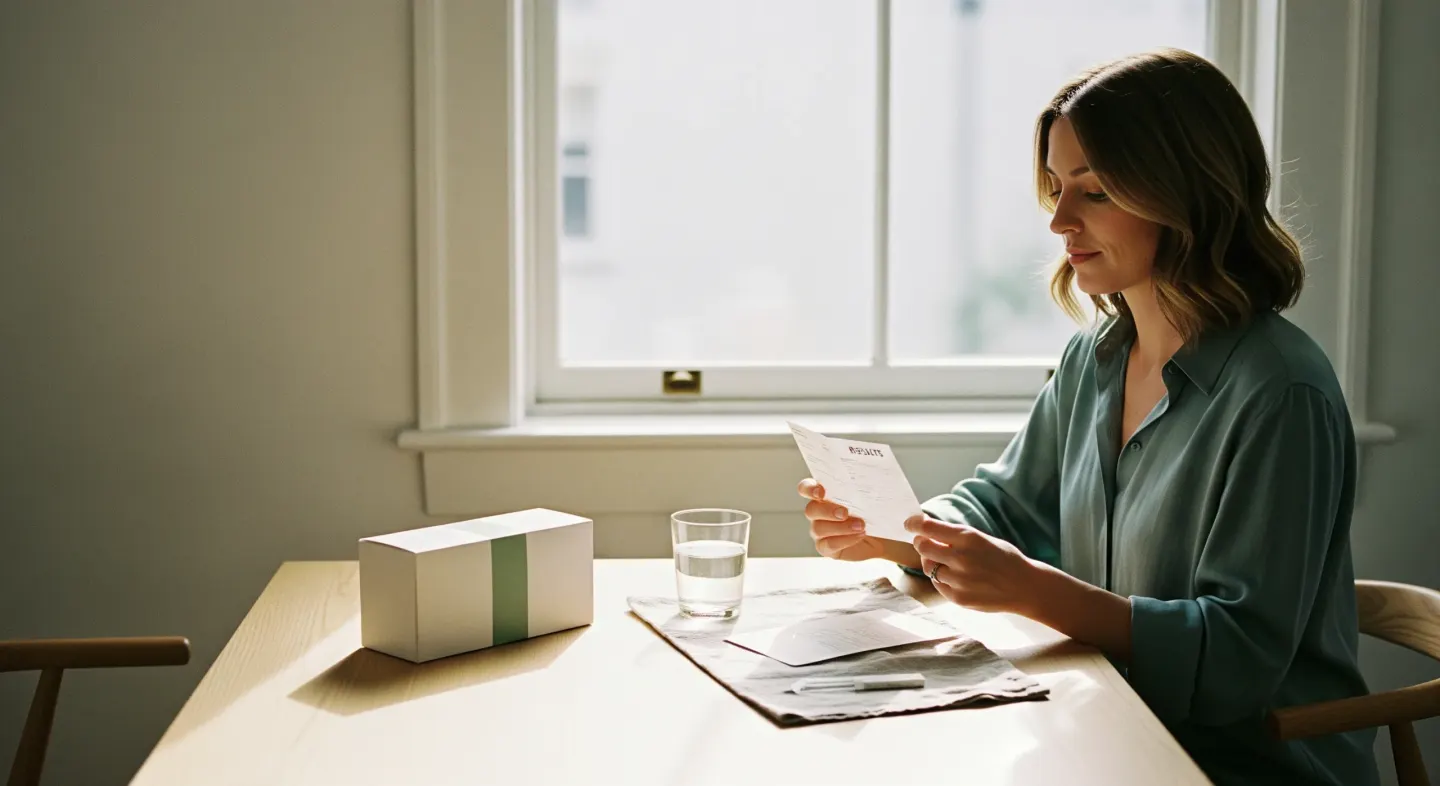 A woman at a sunlit table reading a private blood test report, her home test kit beside her